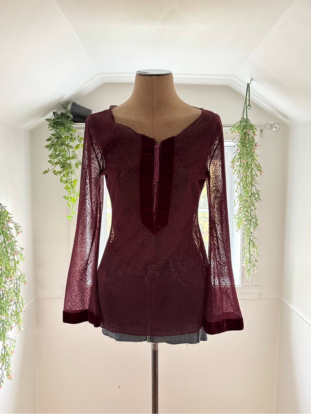 Sheer Velvet Bell-Sleeve Dress Top - Wine